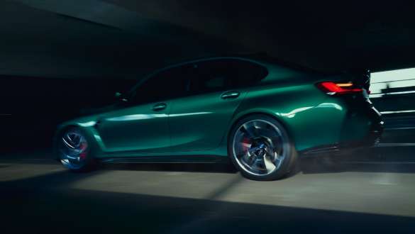 M posebno podvozje, BMW M3 Limuzina, G80, 2020 BMW M3 Limuzina, G80, 2020, kovinska barva Isle of Man Green, M posebno podvozje, stranski pogled