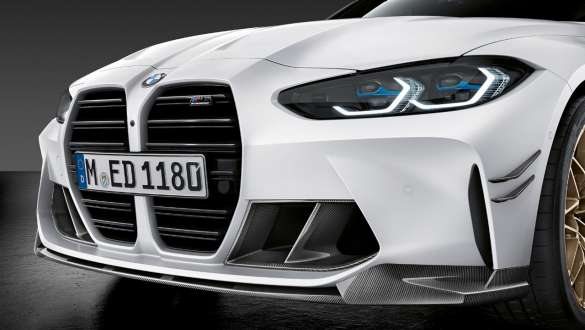 Karbonski sprednji podaljšek odbijača M Performance, BMW M3 Limuzina, G80, 2020 BMW M3 Limuzina, G80, 2020, pogled od blizu na karbonski sprednji podaljšek odbijača M Performance