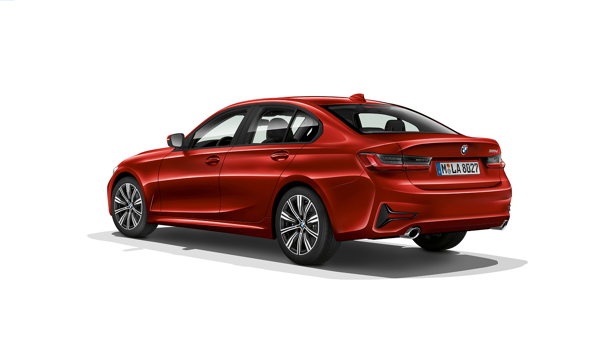 BMW serije 3 Limuzina, zadek modela Advantage. Tričetrtinski posnetek od zadaj BMW serije 3 Limuzina z opremo modela Advantage.