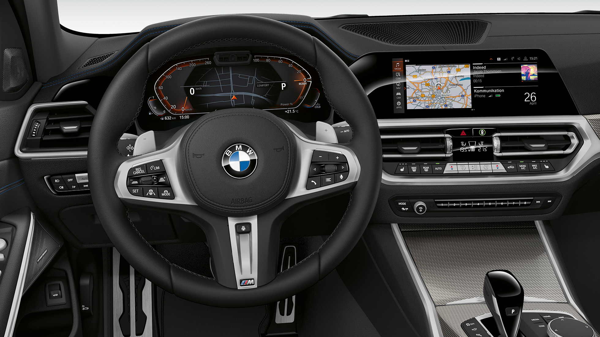 BMW serije 3 Limuzina, kokpit modela Sport Line. Posnetek od blizu kokpita na voznikovi strani v BMW serije 3 Limuzina z opremo modela Sport Line.