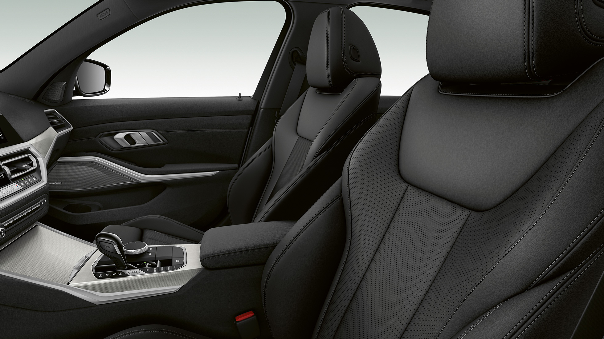 BMW serije 3 Limuzina, prednja sedeža modela Sport Line. Stranski posnetek od blizu prednjega sedeža v BMW serije 3 Limuzina z opremo modela Sport Line.