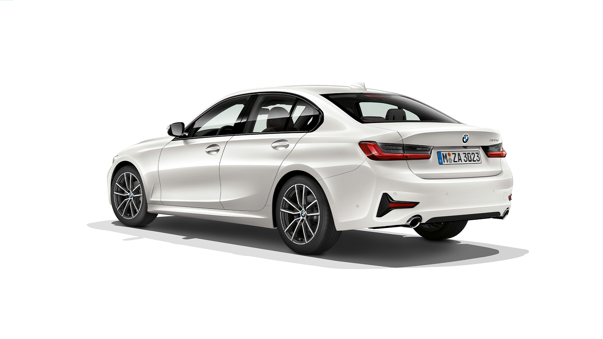 BMW serije 3 Limuzina, zadek modela Sport Line. Tričetrtinski posnetek od zadaj BMW serije 3 Limuzina z opremo modela Sport Line.