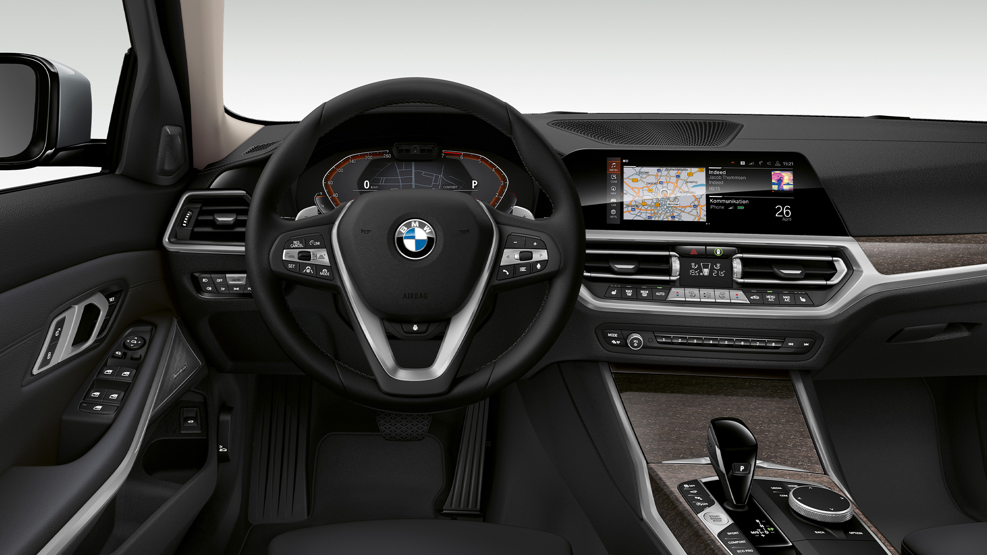 BMW serije 3 Limuzina, kokpit modela Luxury Line. Posnetek od blizu kokpita na voznikovi strani v BMW serije 3 Limuzina z opremo modela Luxury Line.