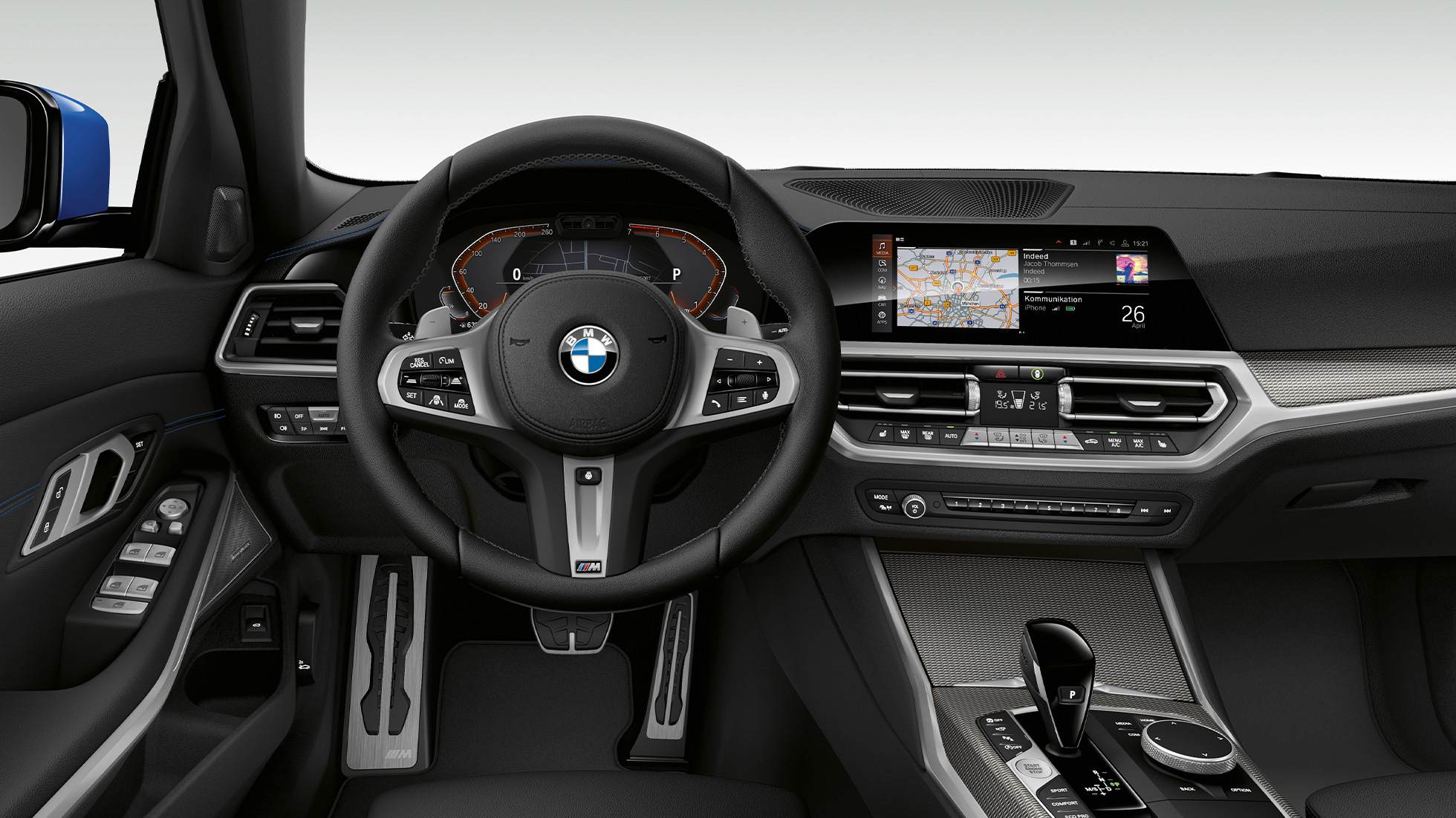 BMW serije 3 Limuzina, kokip modela M Sport. Posnetek od blizu kokpita na voznikovi strani v BMW serije 3 Limuzina z opremo modela M Sport.