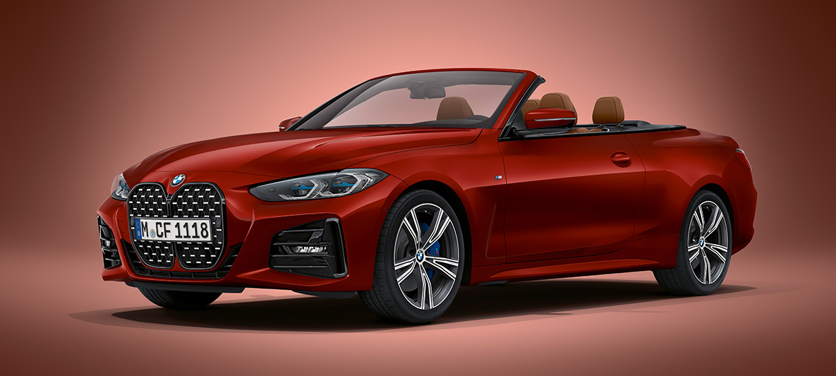Lakiranje BMW Individual v kovinski barvi Aventurin Red, BMW serije 4 Cabrio, G23, 2020 BMW serije 4 Cabrio, G23, 2020, lakiranje BMW Individual v kovinski barvi Aventurin Red, tričetrtinski pogled od spredaj med mirovanjem