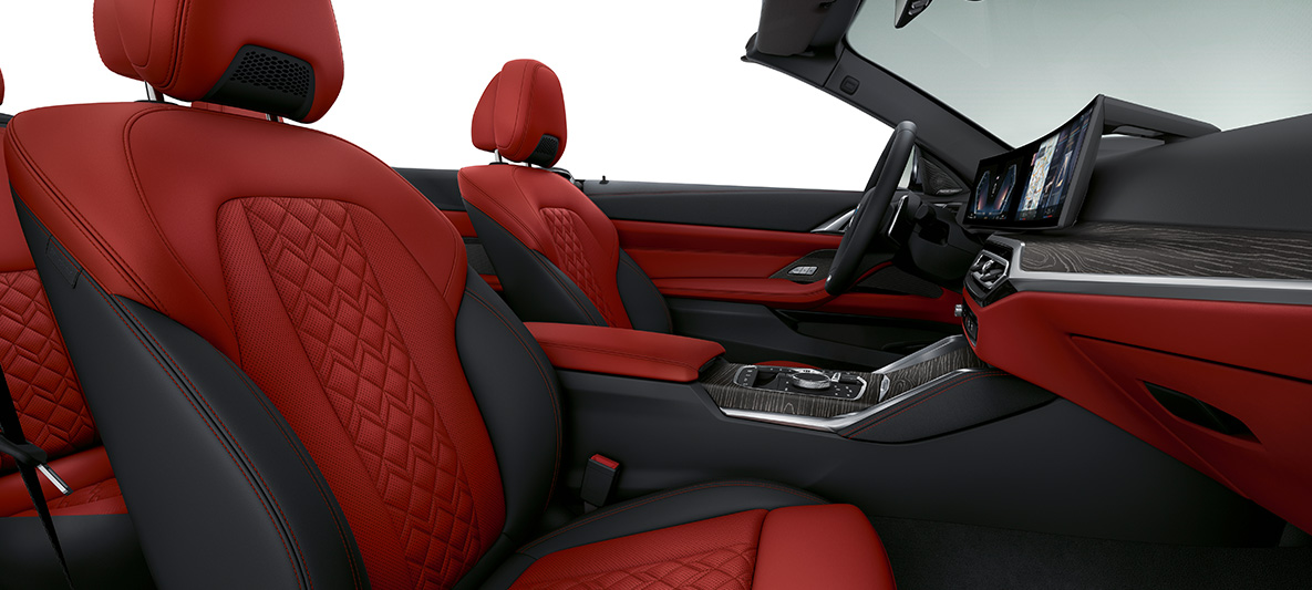 Oblazinjenje BMW Individual iz usnja Merino v barvi Fiona Red/Black, BMW serije 4 Cabrio, Individual, G23, 2020, notranjost Oblazinjenje BMW Individual iz usnja Merino v barvi Fiona Red/Black, BMW serije 4 Cabrio, Individual, G23, 2020, notranjost