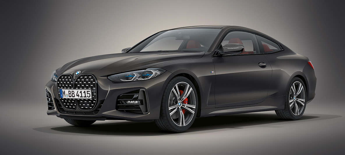 BMW Individual, kovinska barva Dravite Grey, BMW serije 4 Coupé, G22, 2020 BMW serije 4 Coupé Individual, kovinska barva Dravite Grey, G22, 2020, tričetrtinski pogled od spredaj med mirovanjem