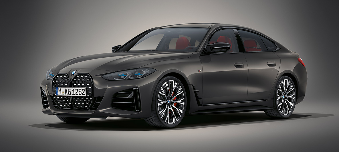 BMW serije 4 Gran Coupé, G26, 2021, lakiranje BMW Individual v kovinski barvi Dravite Grey BMW serije 4 Gran Coupé, G26, 2021, lakiranje BMW Individual v kovinski barvi Dravite Grey, tričetrtinski pogled od spredaj med mirovanjem