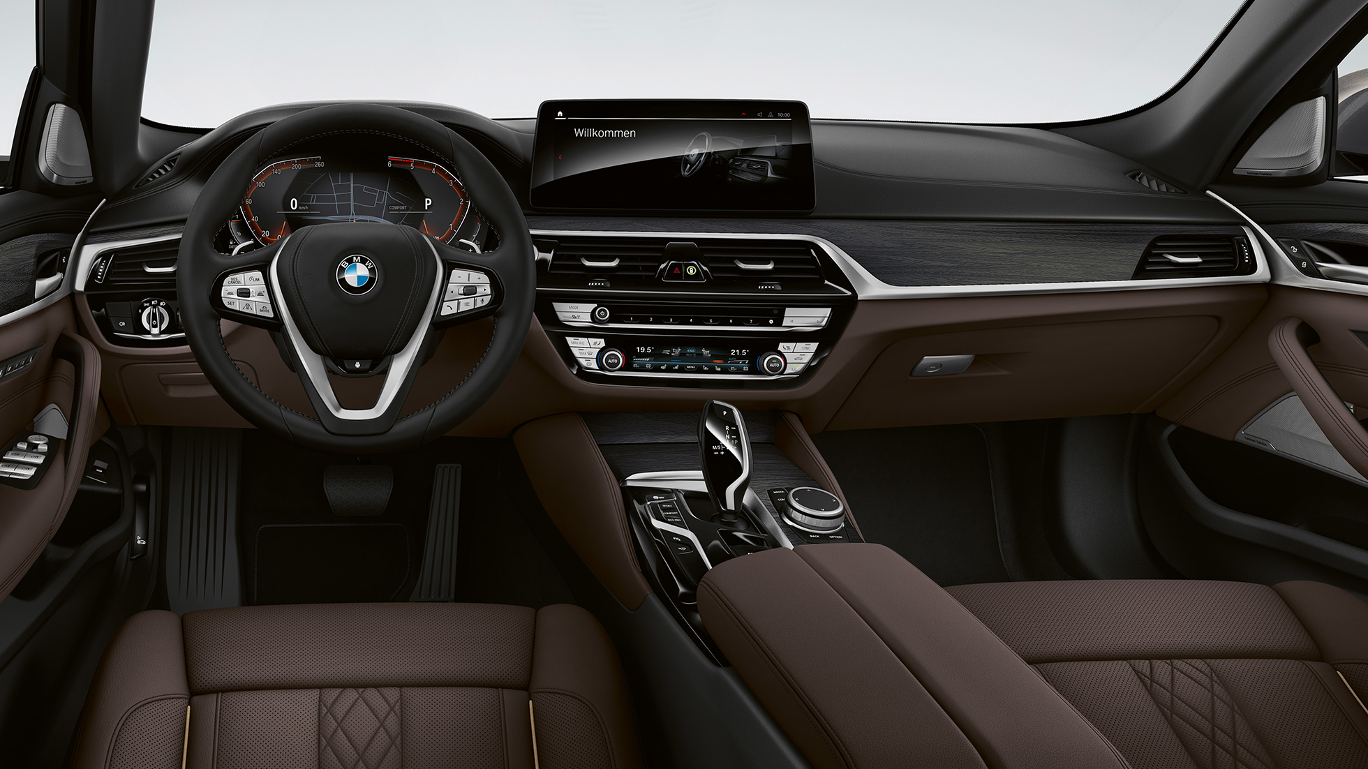 Kokpit v BMW serije 5 Limuzina G30, Luxury Line Kokpit v BMW serije 5 Limuzina 520d xDrive, G30 2020, Luxury Line, ekskluzivno usnje Nappa v barvi Mocha z ekskluzivnimi šivi in obrobnim trakom v kontrastni barvi, notranjost