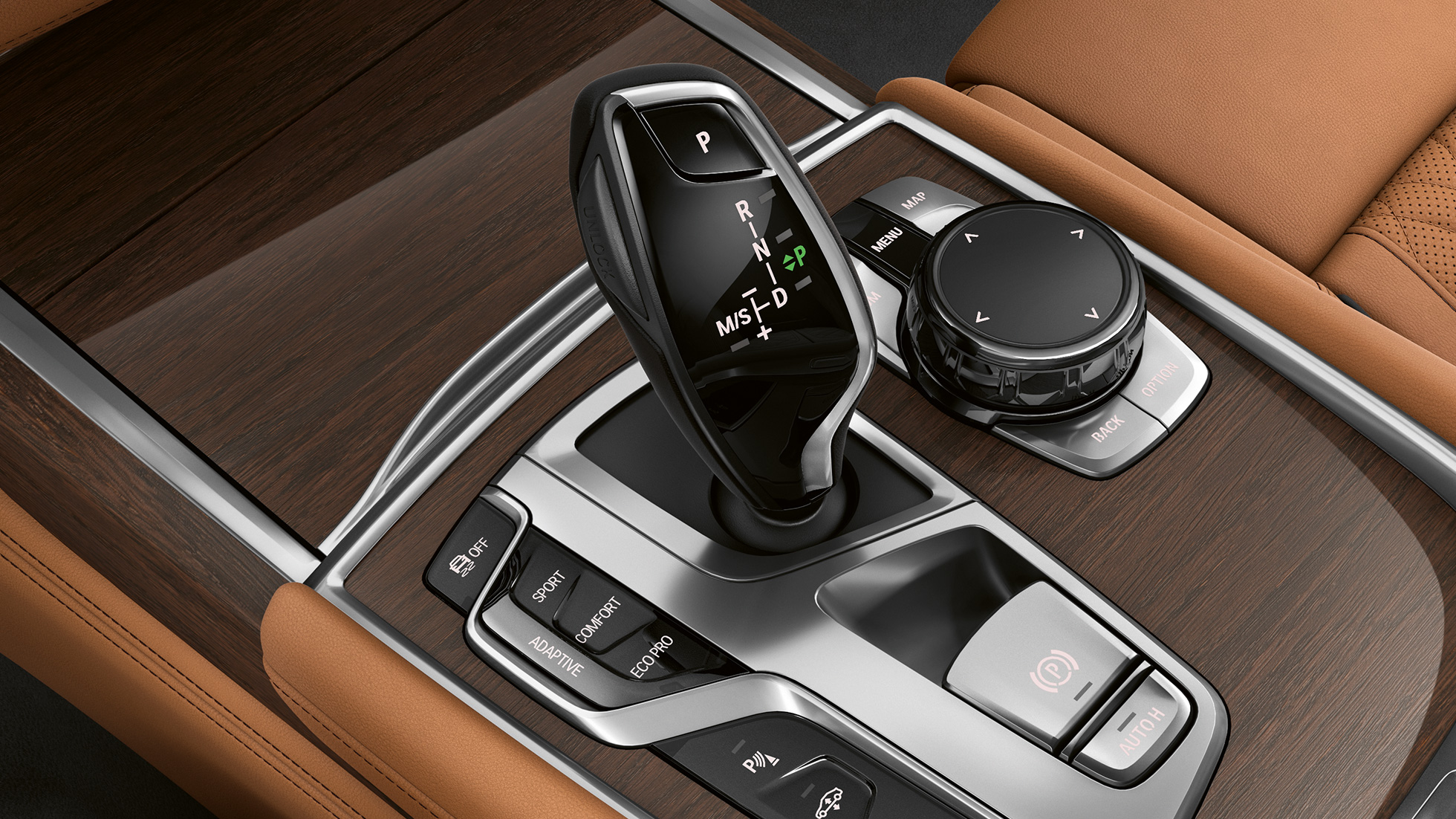 BMW serije 7 Limuzina z zunanjostjo Pure Excellence, prestavna ročica BMW serije 7 Limuzina z zunanjostjo Pure Excellence: bližnji posnetek prestavne ročice