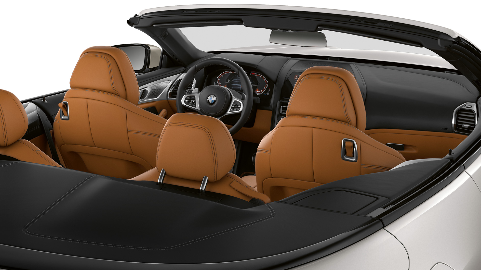 BMW M850i xDrive, notranjost z odprto mehko streho. BMW M850i xDrive, notranjost z odprto mehko streho.