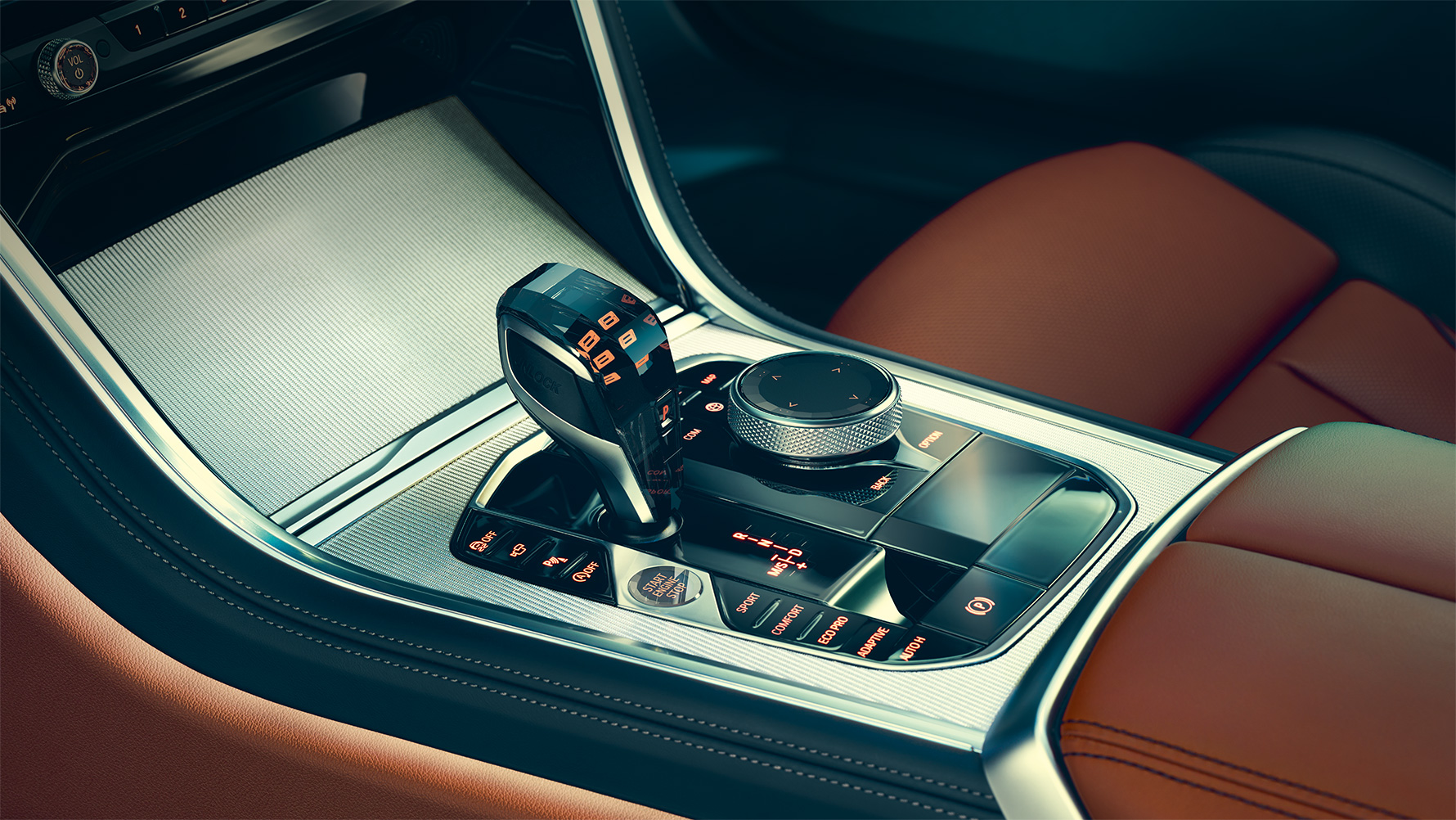 BMW serije 8 Coupé, sredinska konzola Posnetek od blizu notranjosti BMW serije 8 Coupé s poudarkom na sredinski konzoli.