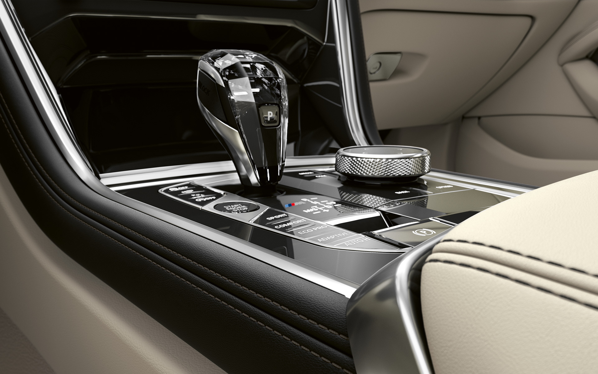 BMW serije 8 Coupé, sredinska konzola Posnetek od blizu sredinske konzole BMW serije 8 Coupé.