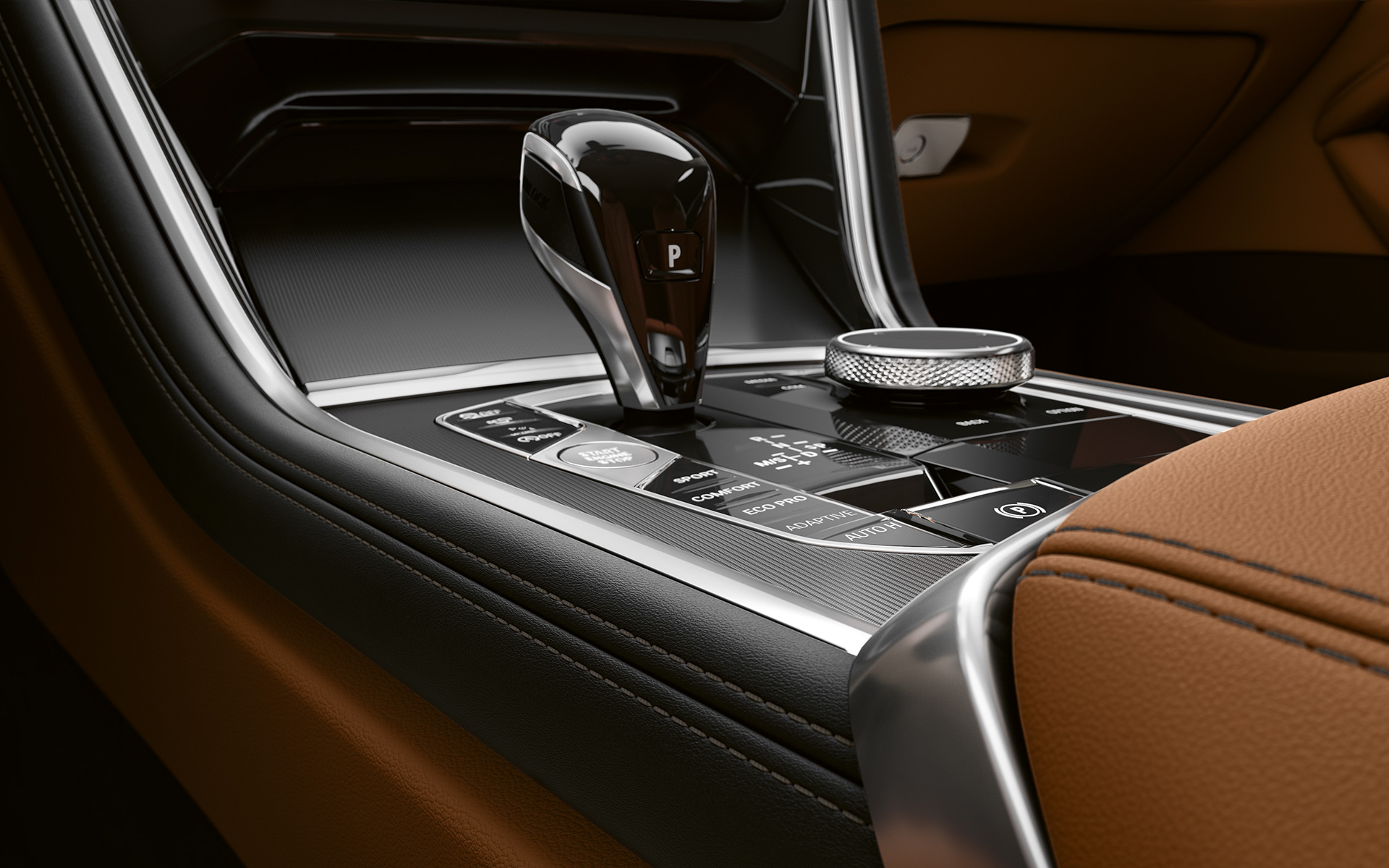 BMW serije 8 Coupé, sredinska konzola Posnetek od blizu sredinske konzole BMW serije 8 Coupé.