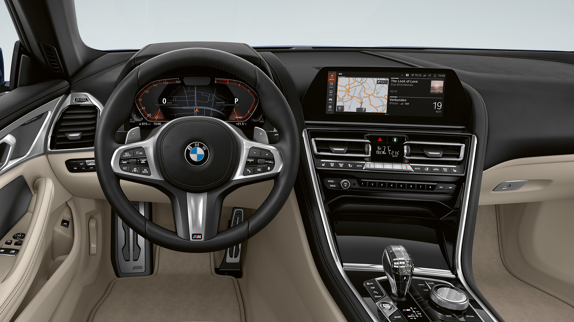 M-usnjen volan z multifunkcijskimi gumbi. BMW serije 8 Coupé, kokpit, M-usnjen volan z multifunkcijskimi gumbi.
