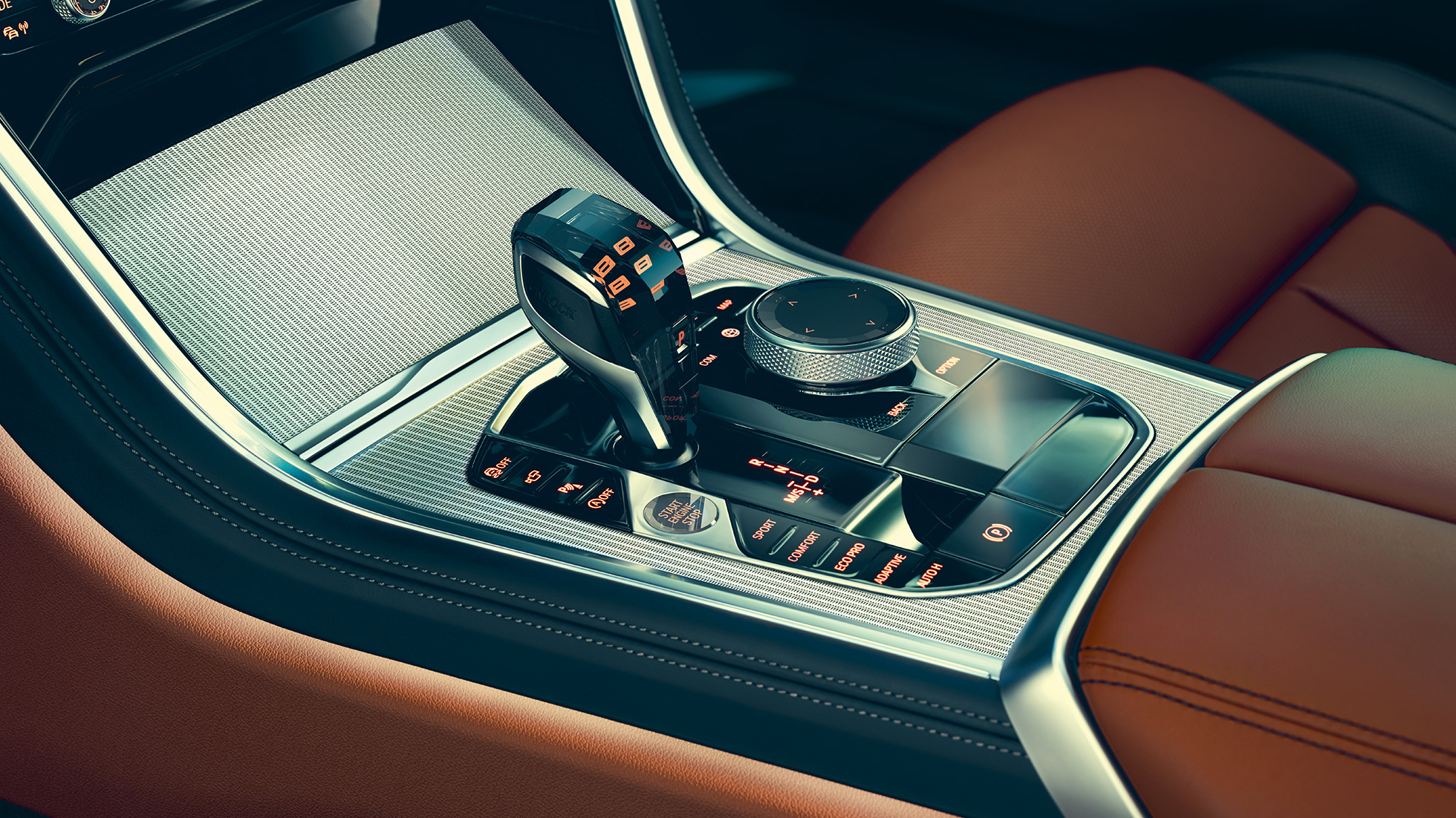 BMW serije 8 Coupé, notranjost. BMW serije 8 Coupé, notranjost, pogled od blizu na prestavno ročico.