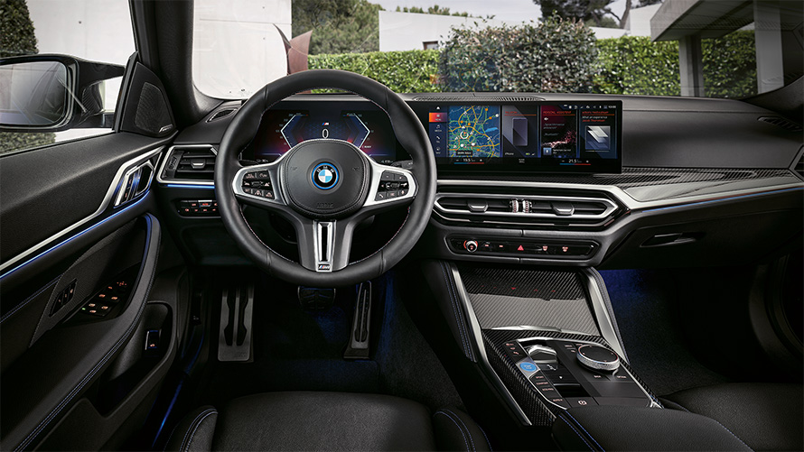 BMW i4 M50, G26, 2021, notranjost, kokpit, instrumentna plošča in sredinska konzola