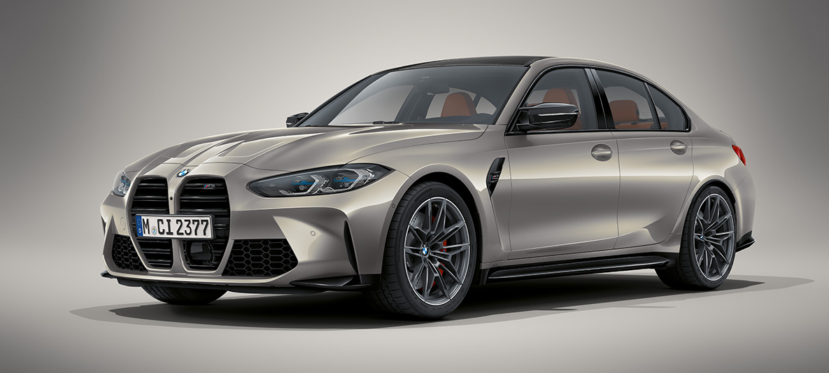 BMW Individual, kovinska barva Oxide Grey, BMW M3 Limuzina, G80, 2020 BMW M3 Limuzina, BMW Individual, kovinska barva Oxide Grey, G80, 2020, tričetrtinski pogled od spredaj med mirovanjem