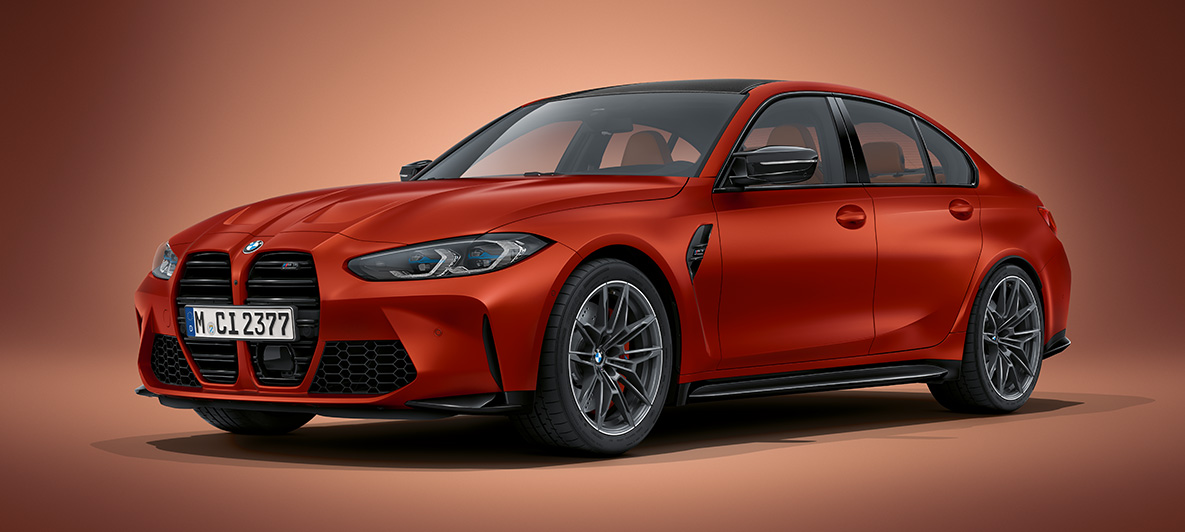 BMW Individual, kovinska barva Frozen Orange, BMW M3 Limuzina, G80, 2020 BMW M3 Limuzina, BMW Individual, kovinska barva Frozen Orange, G80, 2020, tričetrtinski pogled od spredaj med mirovanjem