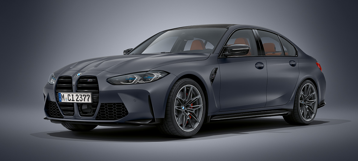 BMW Individual, kovinska barva Frozen Dark Grey, BMW M3 Limuzina, G80, 2020 BMW M3 Limuzina, BMW Individual, kovinska barva Brooklyn Grey, G80, 2020, tričetrtinski pogled od spredaj med mirovanjem