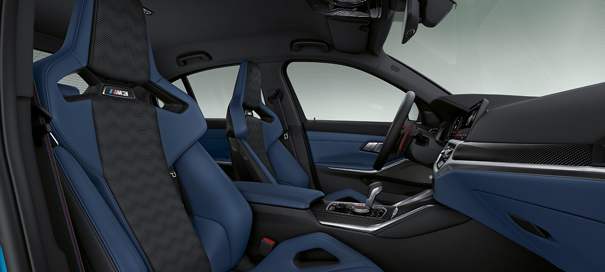 BMW Individual, oblazinjenje iz finozrnatega usnja Merino v barvi Fjord Blue/Black, BMW M3 Limuzina, G80, 2020, notranjost BMW Individual, oblazinjenje iz finozrnatega usnja Merino v barvi Fjord Blue/Black, BMW M3 Limuzina, G80, 2020, notranjost
