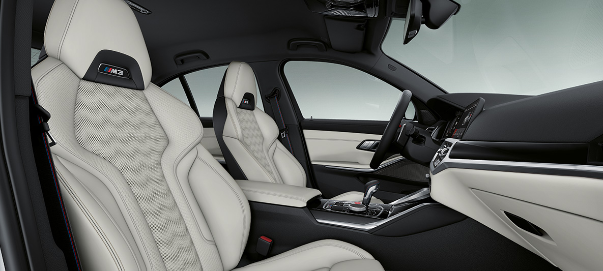 BMW Individual, oblazinjenje iz usnja Merino v barvi Ivory White, BMW M3 Limuzina, G80, 2020, notranjost BMW Individual, oblazinjenje iz usnja Merino v barvi Ivory White, BMW M3 Limuzina, G80, 2020, notranjost