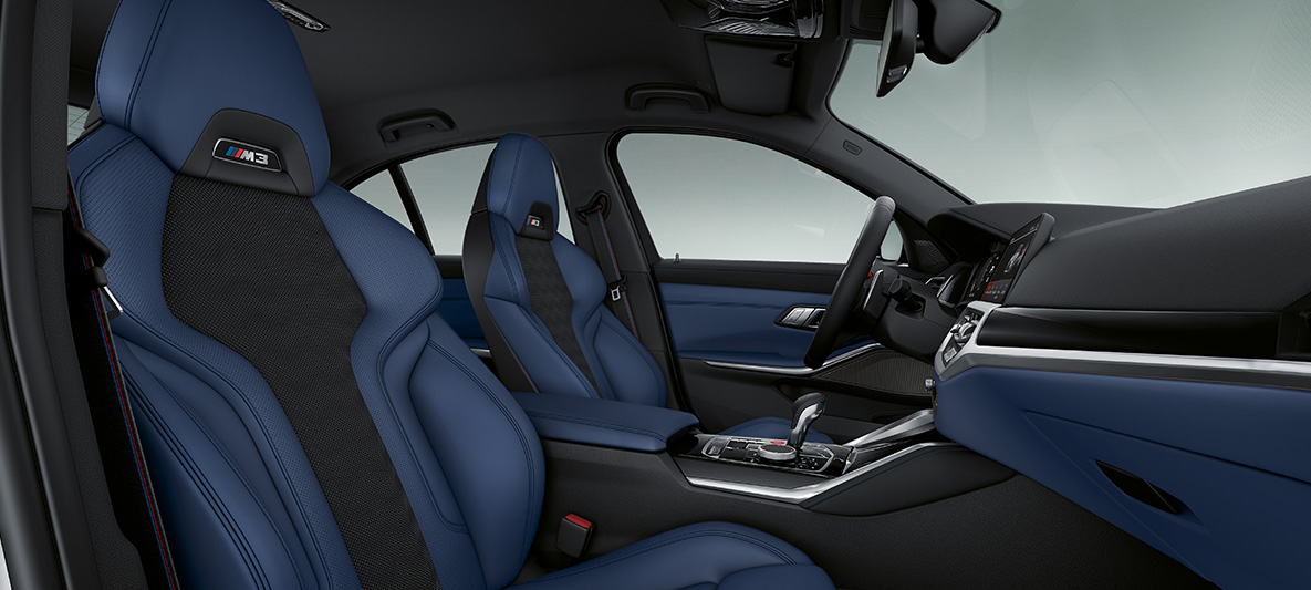 BMW Individual, oblazinjenje iz usnja Merino v barvi Fjord Blue/Black, BMW M3 Limuzina, G80, 2020, notranjost BMW Individual, oblazinjenje iz usnja Merino v barvi Fjord Blue/Black, BMW M3 Limuzina, G80, 2020, notranjost