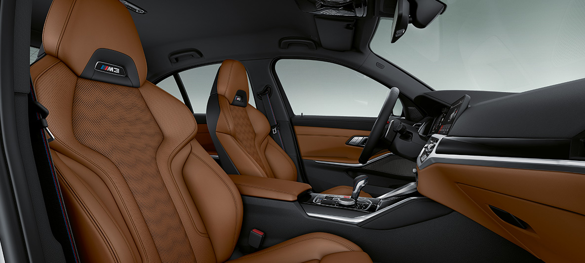 BMW Individual, oblazinjenje iz usnja Merino v barvi Tartufo, BMW M3 Limuzina, G80, 2020, notranjost BMW Individual, oblazinjenje iz usnja Merino v barvi Tartufo, BMW M3 Limuzina, G80, 2020, notranjost