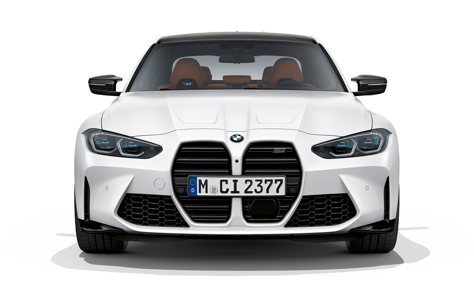 BMW M3 Competition, G80, 2020, kovinska barva Frozen Brilliant White, pogled od spredaj