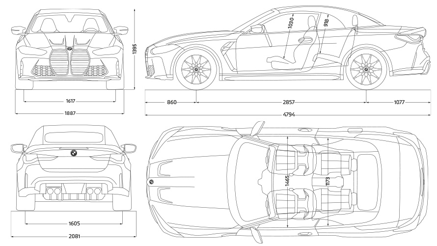 BMW M4 Competition Cabrio z M xDrive, G83, 2021, skica, stranski pogled BMW M4 Competition Cabrio z M xDrive, G83, 2021, mere na skici, stranski pogled