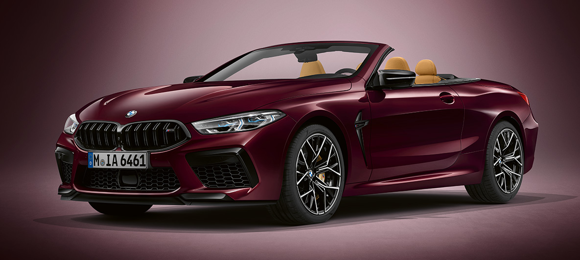 BMW Individual M8 Cabrio v kovinski barvi BMW Individual Ametrine. BMW Individual M8 Cabrio v kovinski barvi BMW Individual Ametrine, v sprednjem polprofilu.