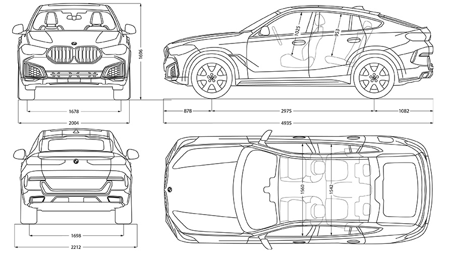 BMW X6, skica, mere BMW X6, skica, mere