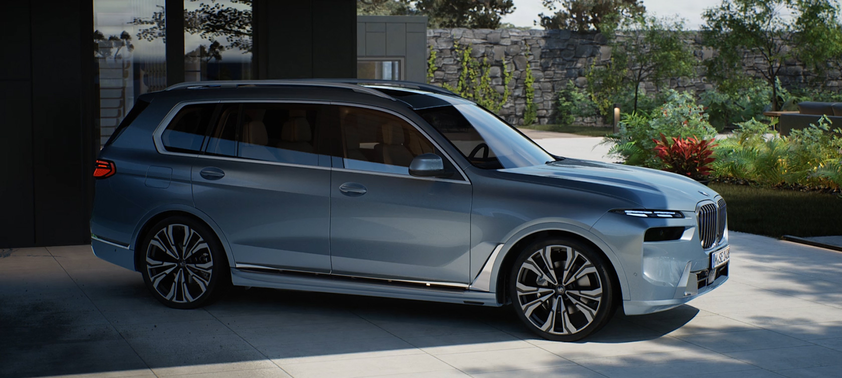 BMW X7 G07 LCI 7/8 stranski pogled peneča bakreno siva kovinska video BMW X7 G07 LCI 7/8 stranski pogled stoječ peneča bakreno siva kovinska video