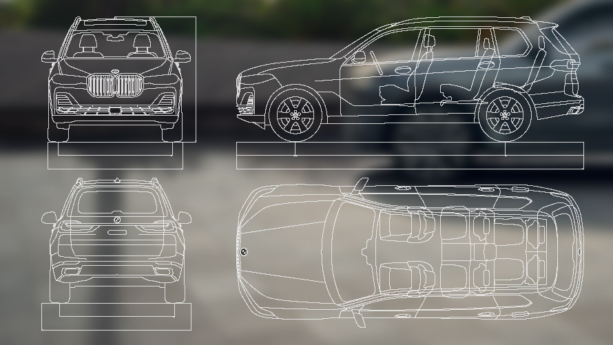BMW X7, G07, LCI, skice z merami BMW X7, G07, LCI, skice z merami, pogled od spredaj, zadaj in zgoraj ter s strani