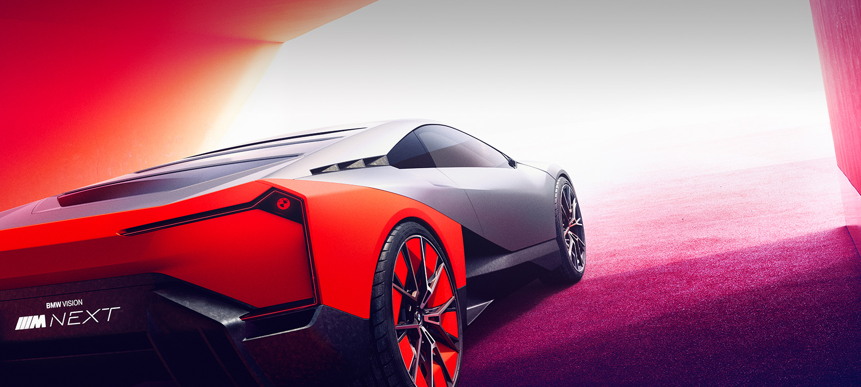 BMW Vision M NEXT, tričetrtinski pogled od zadaj, na mestu BMW Vision M NEXT, tričetrtinski pogled od zadaj, na mestu