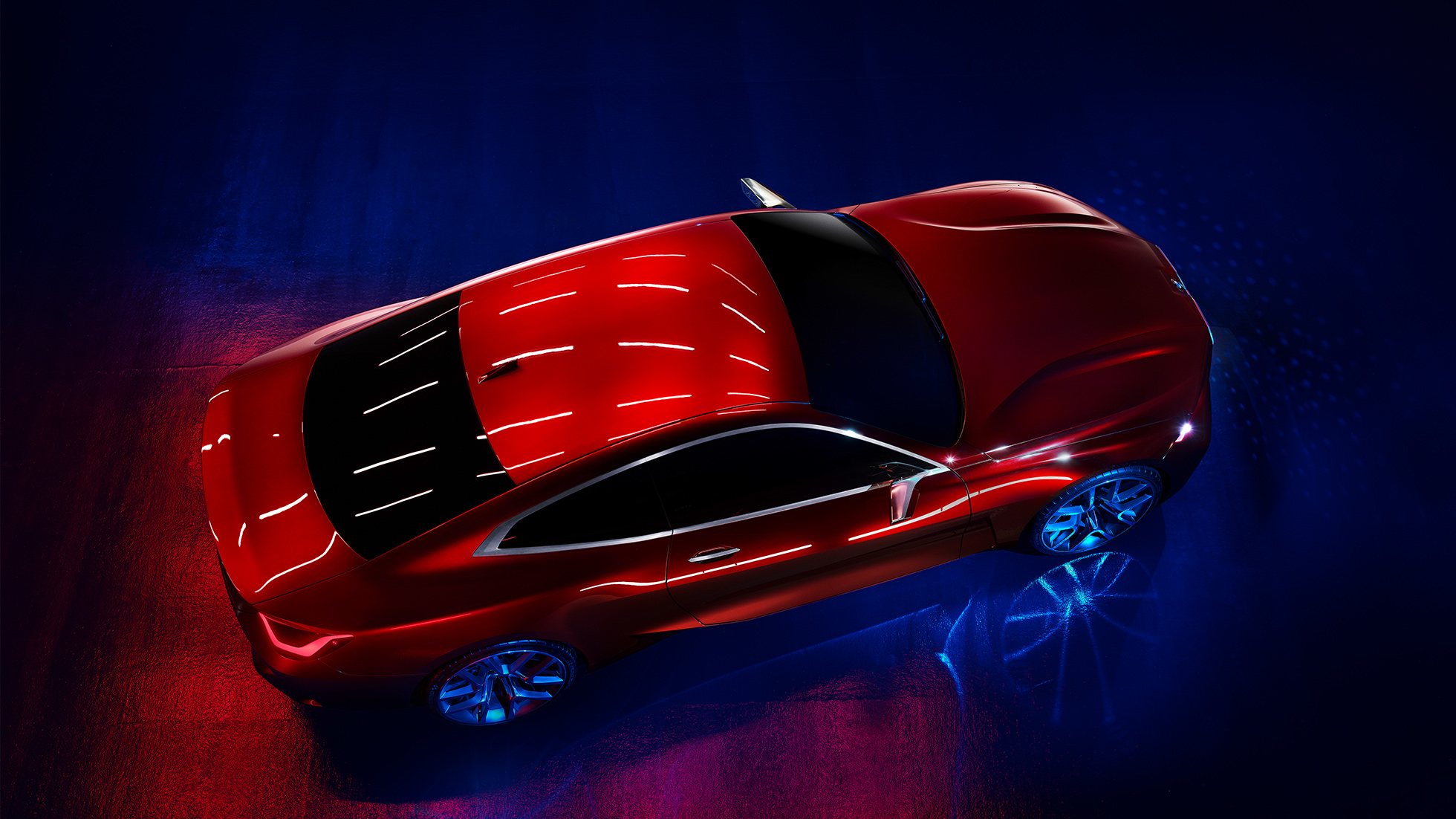 Razburljiva barva zunanjosti Forbidden Red, BMW Concept 4 Razburljiva barva zunanjosti Forbidden Red, BMW Concept 4, oblika zunanjosti iz ptičje perspektive