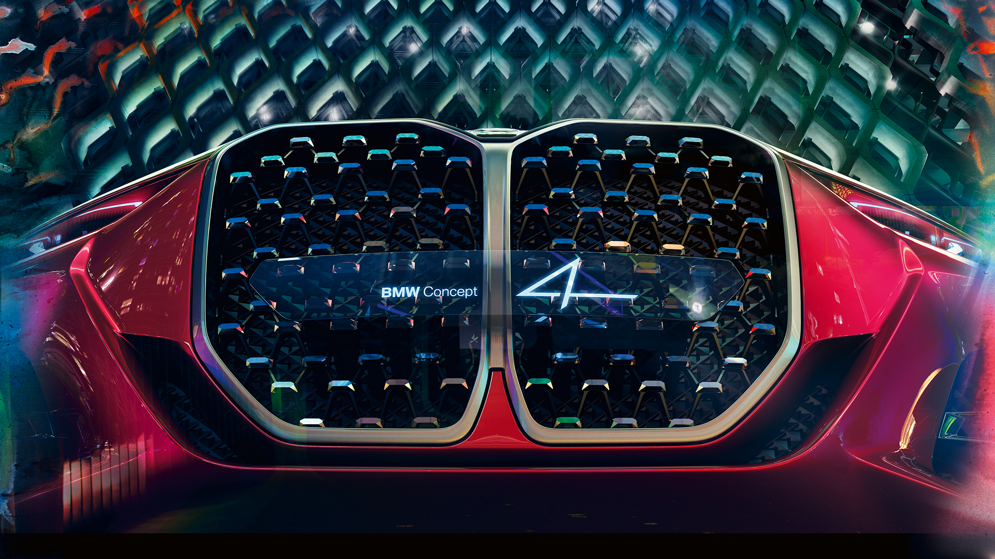 Dvojna ledvička BMW, BMW Concept 4 Dvojna ledvička BMW, BMW Concept 4, Forbidden Red, oblika zunanjosti