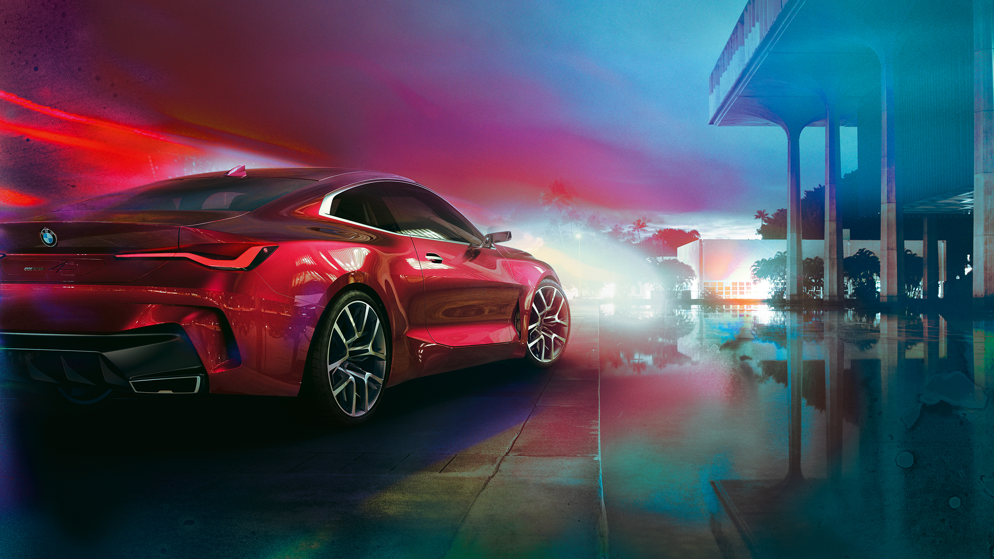 BMW Concept 4, tričetrtinski pogled od zadaj BMW Concept 4, Forbidden Red, oblika zunanjosti, tričetrtinski pogled od zadaj