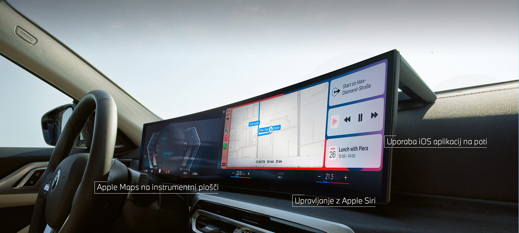 Meni za Apple CarPlay® na ukrivljenem prikazovalniku BMW Meni za Apple CarPlay® na ukrivljenem prikazovalniku BMW v vozilu z BMW ConnectedDrive