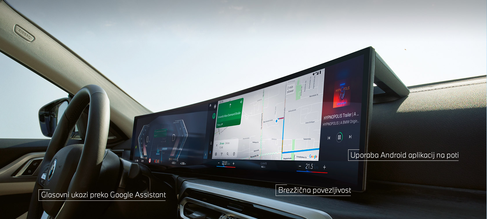 Android Auto™ na ukrivljenem prikazovalniku BMW Android Auto™ na ukrivljenem prikazovalniku BMW v vozilu z BMW ConnectedDrive